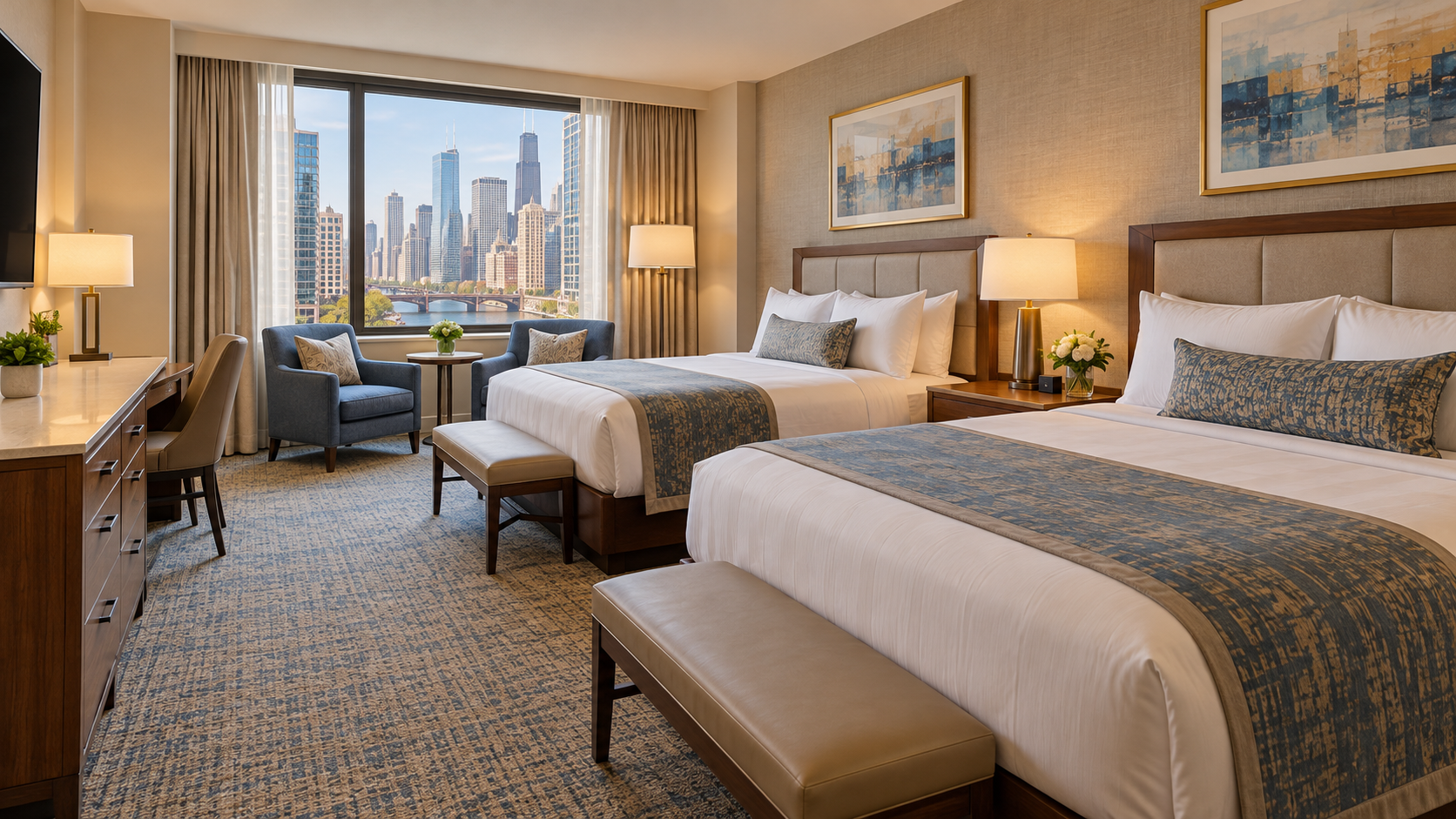 Representative comfortable hotel room with two beds and accessible walking space